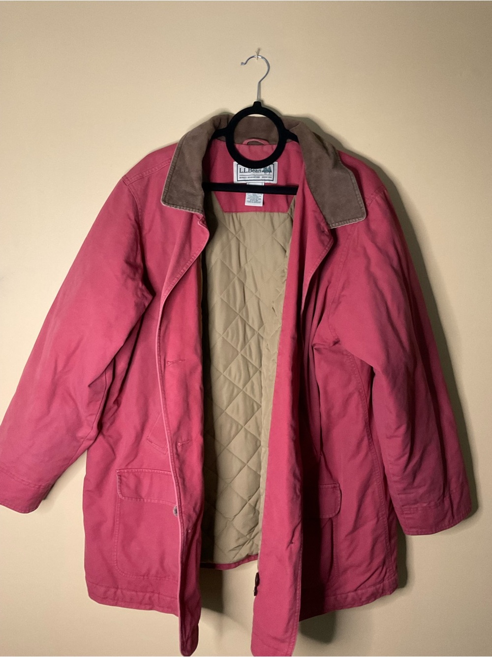 L.L. Bean Rose Pink Barn Coat with Tan Corduroy Collar - Picture 3 of 8
